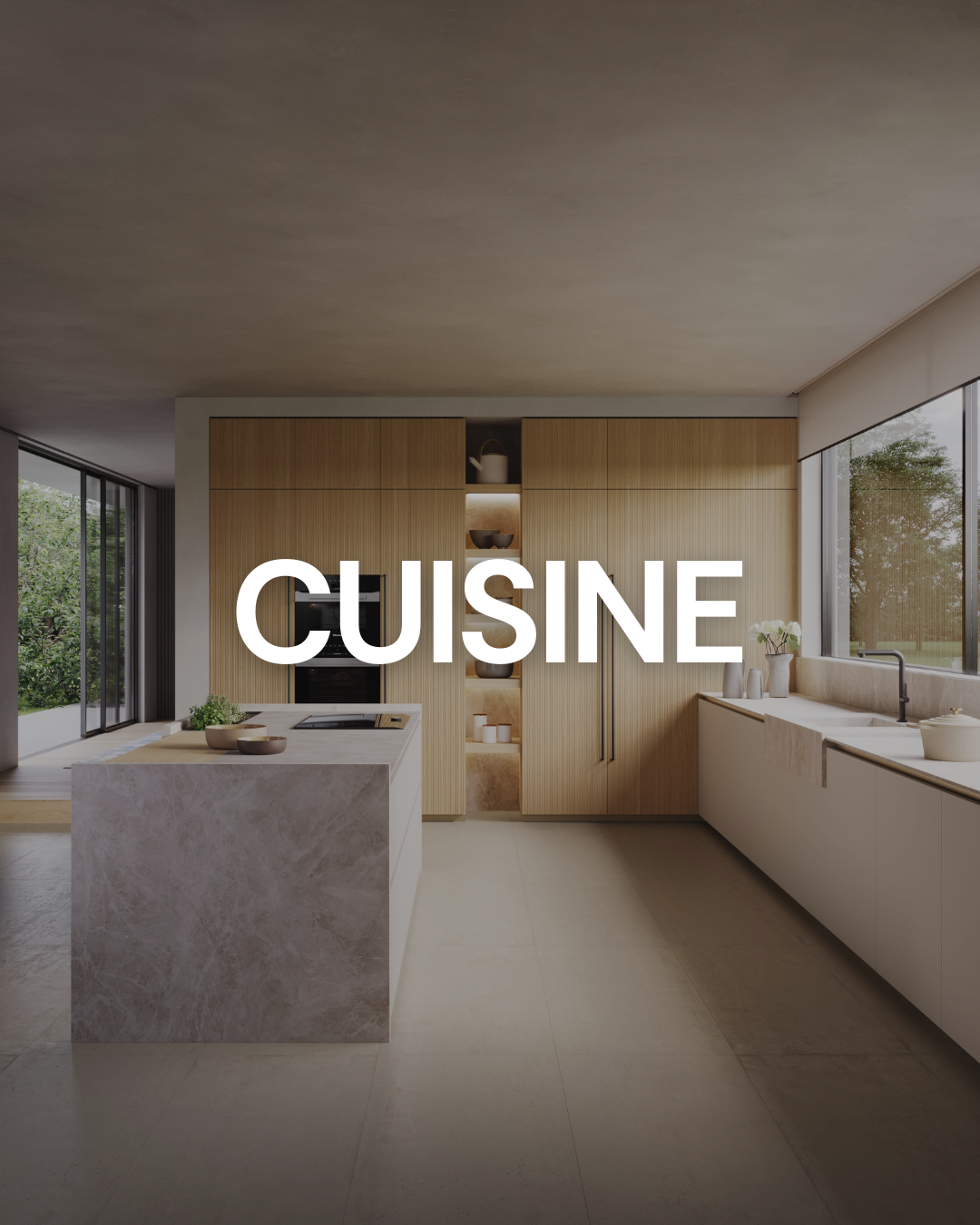 Cuisine italienne moderne avec plans de travail en quartz et électroménager Smeg.