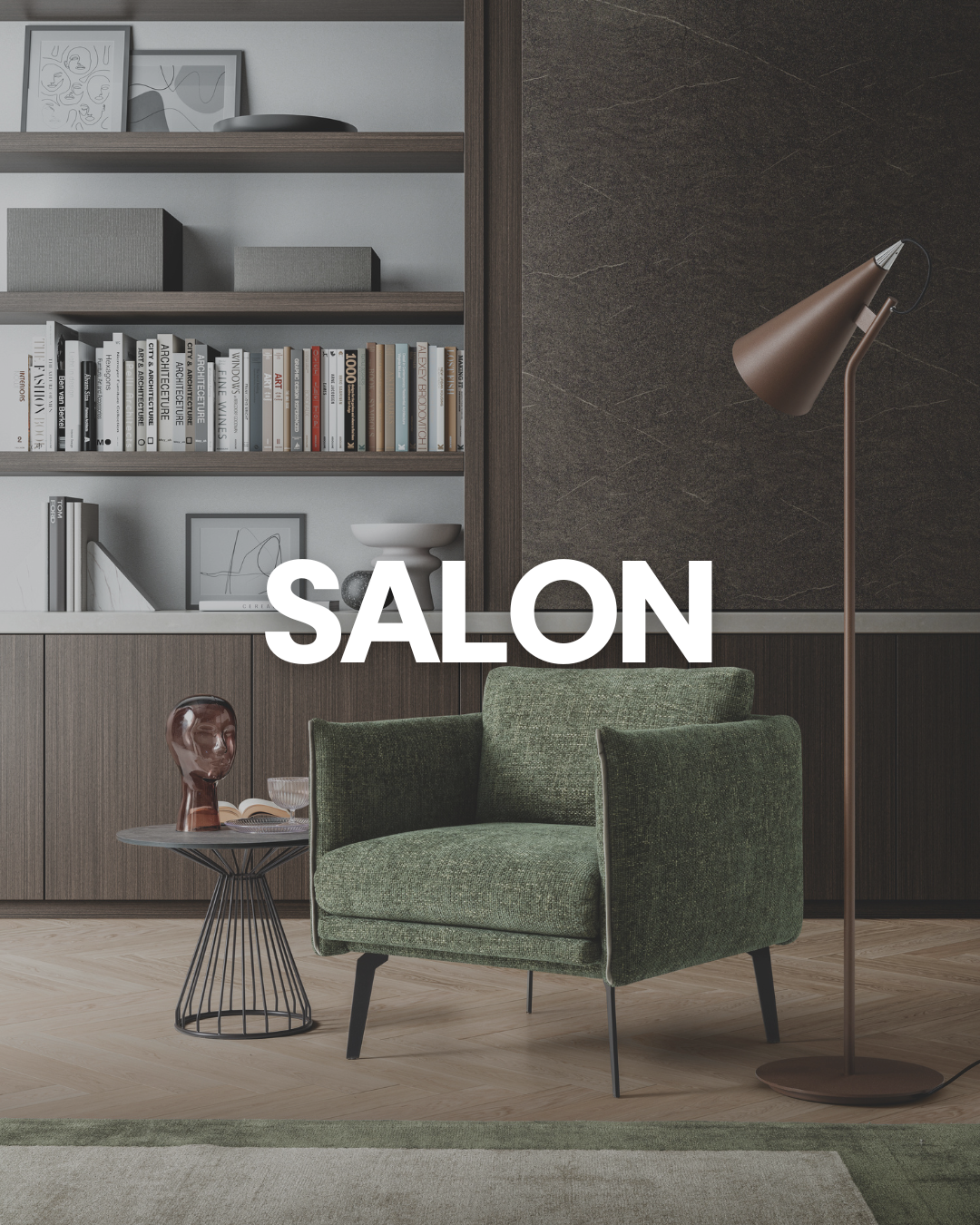 Salon avec canapé en cuir et table basse en bois massif.